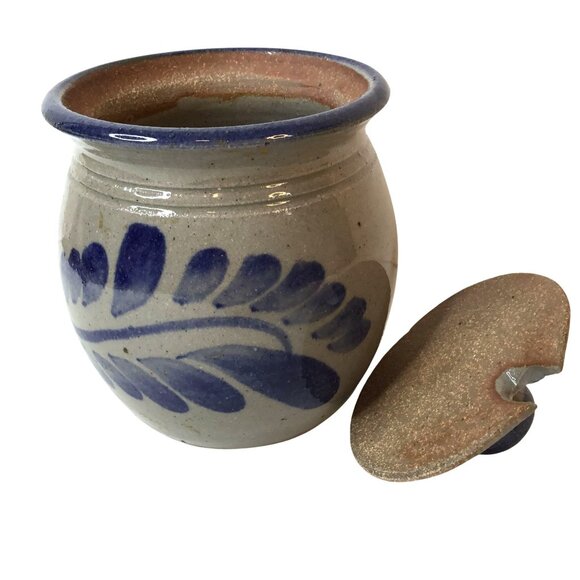 Artisan Salt Glaze Honey Jar Signed Studio Pottery Blue Cobalt Cottagecore Decor - Picture 6 of 11